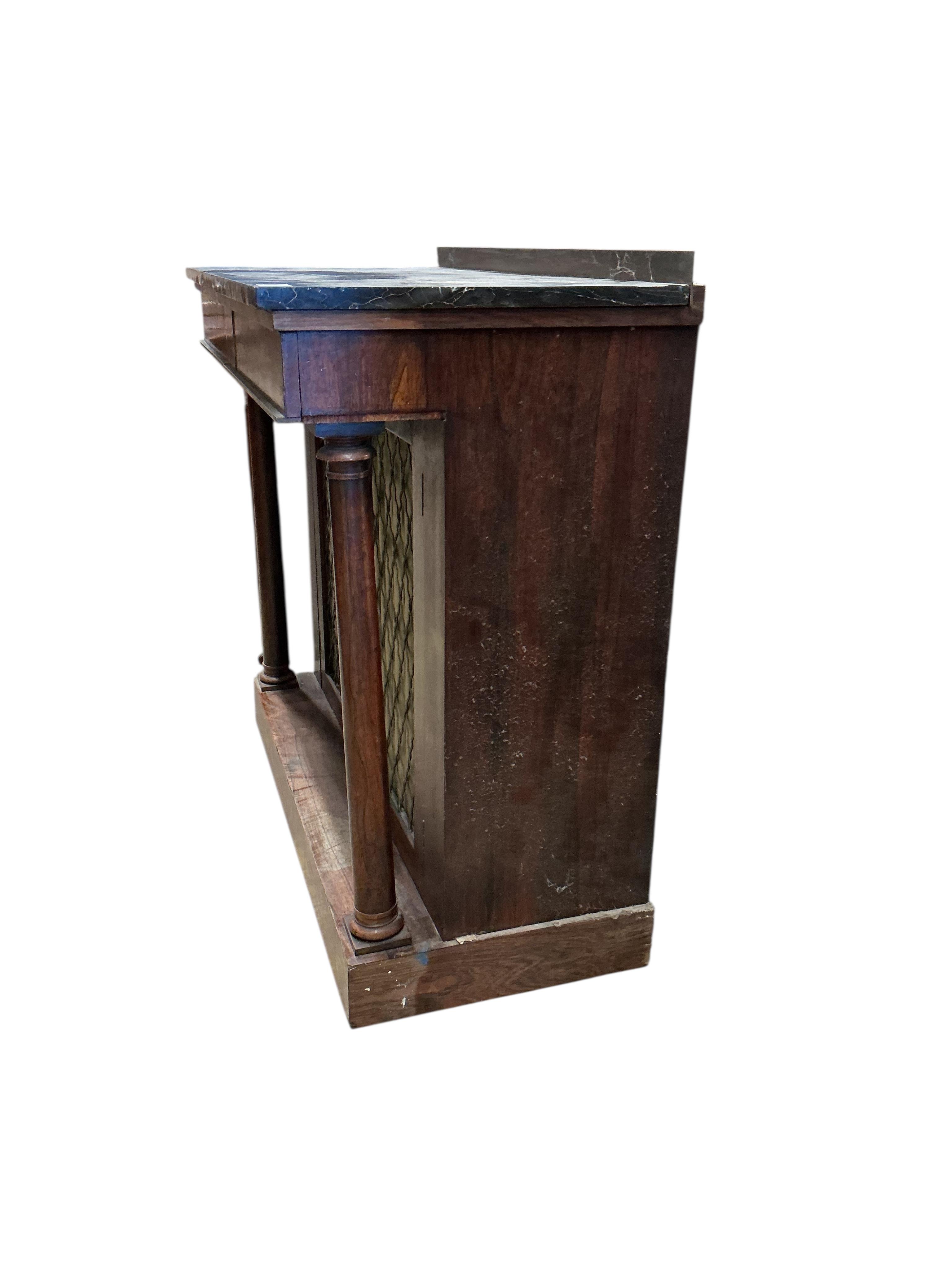 A Regency mahogany marble topped chiffonier, width 99cm, depth 48cm, height 94cm